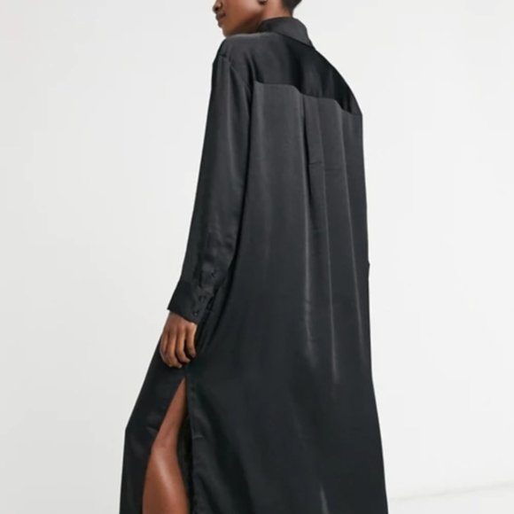 Zara Dresses & Skirts - ZARA Black Satin Long Sleeve Midi Shirtdress Size L